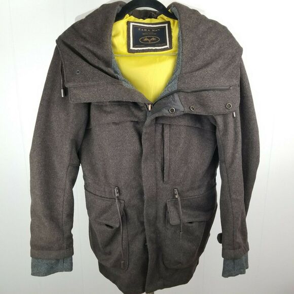 Zara Man Brown Gray Wool Hooded Utility Bomber Jacket Size Small Denim Couture - Picture 1 of 3